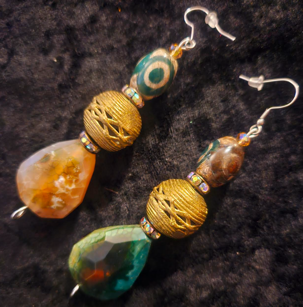 Earthy Agate Teardrop & Lost Wax Brass Dangle Earrings - Ear Candy for Women of Color - Kat Kouture Jewelry