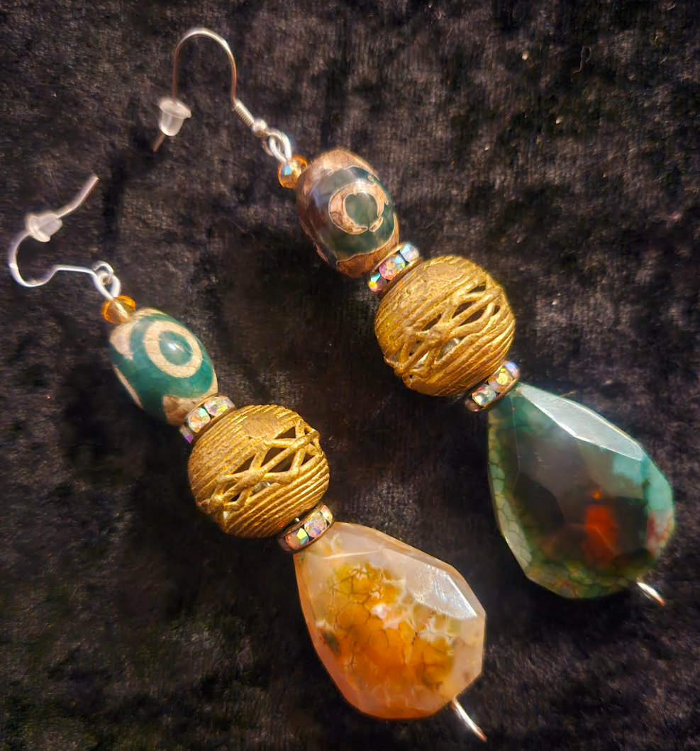 Earthy Agate Teardrop & Lost Wax Brass Dangle Earrings - Ear Candy for Women of Color - Kat Kouture Jewelry