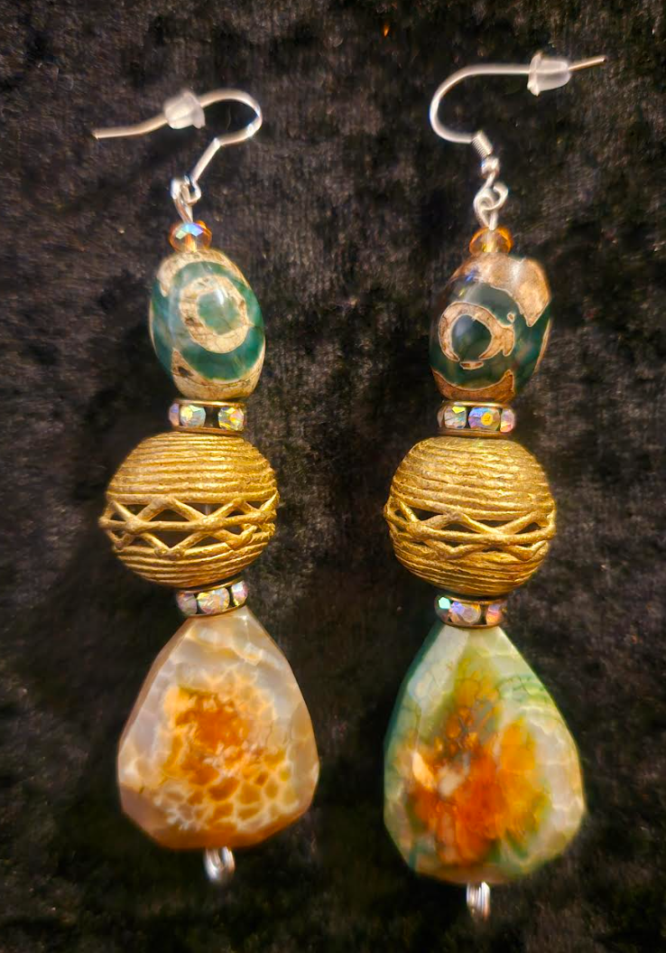 Earthy Agate Teardrop & Lost Wax Brass Dangle Earrings - Ear Candy for Women of Color - Kat Kouture Jewelry