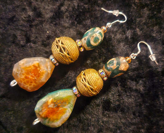 Earthy Agate Teardrop & Lost Wax Brass Dangle Earrings - Ear Candy for Women of Color - Kat Kouture Jewelry