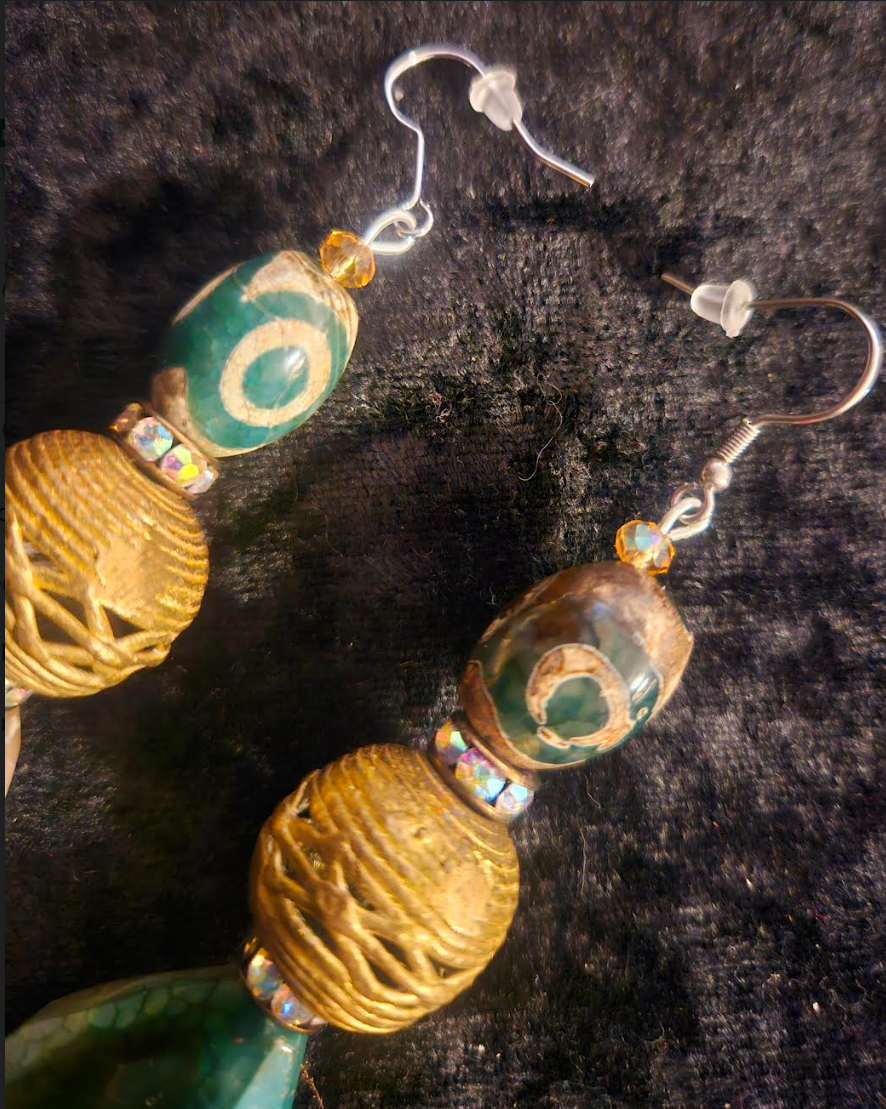 Earthy Agate Teardrop & Lost Wax Brass Dangle Earrings - Ear Candy for Women of Color - Kat Kouture Jewelry