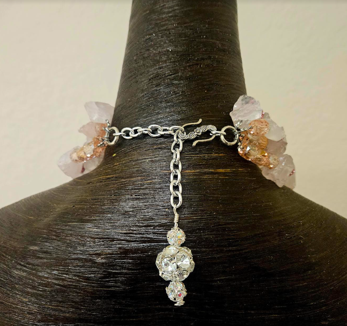 Rough Dusty Rose Quartz & Rhinestone Ball Multi Strand Necklace & Earring Set - Orthoceras Fossil Bling Pendant  - Mother of the Bride OOAK Wearable Art Jewelry - Kat Kouture Jewelry Designs