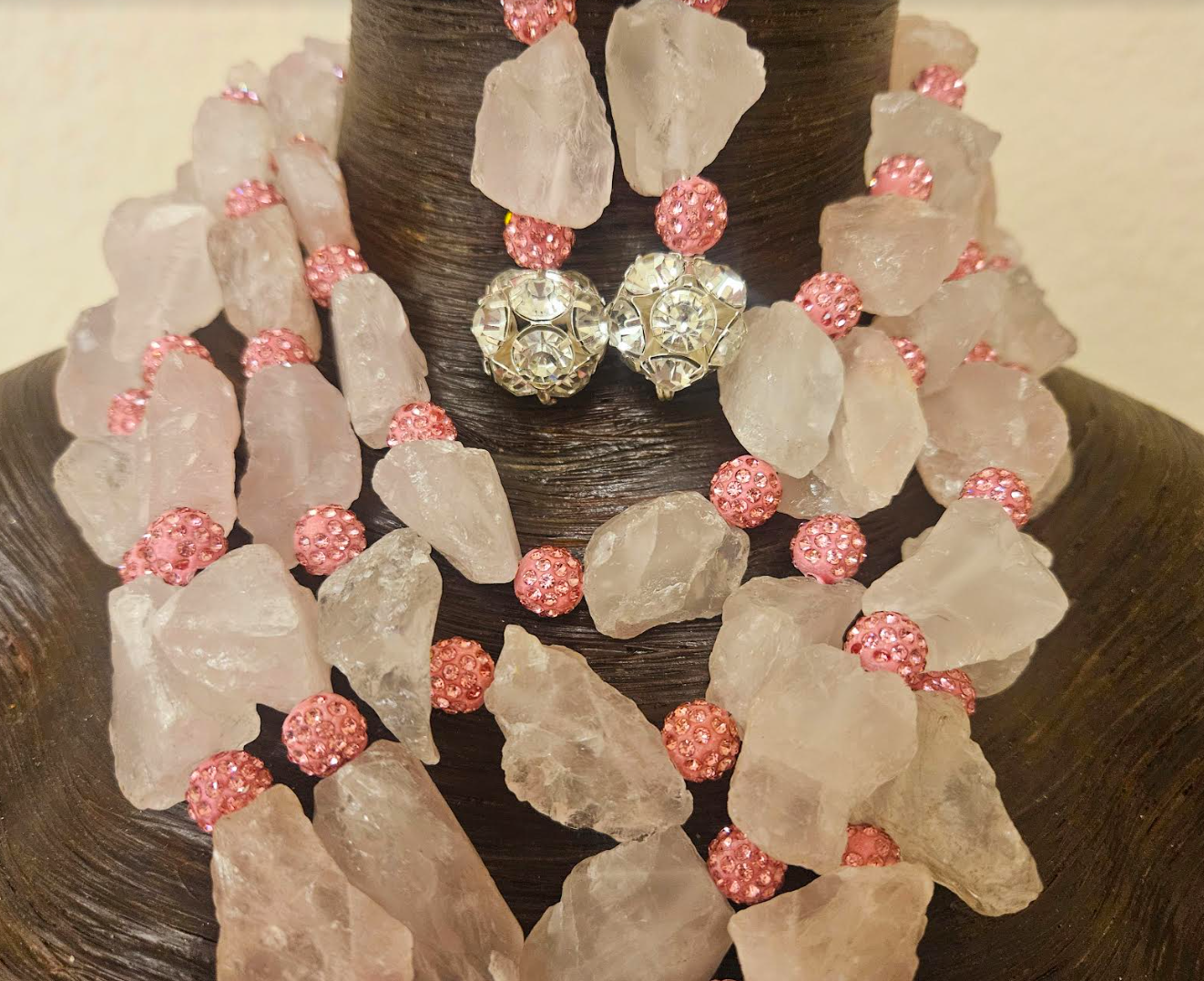 Rough Dusty Rose Quartz & Rhinestone Ball Multi Strand Necklace & Earring Set - Orthoceras Fossil Bling Pendant  - Mother of the Bride OOAK Wearable Art Jewelry - Kat Kouture Jewelry Designs