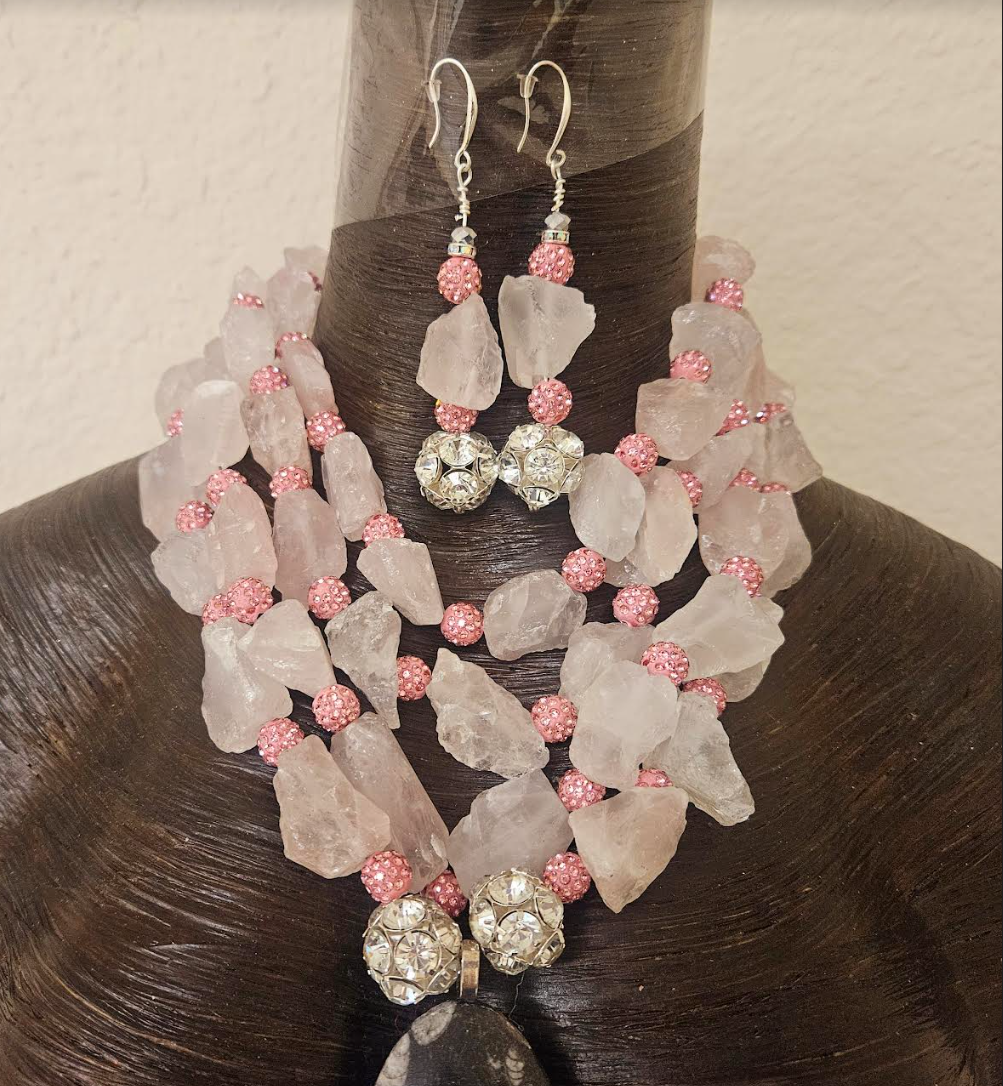 Rough Dusty Rose Quartz & Rhinestone Ball Multi Strand Necklace & Earring Set - Orthoceras Fossil Bling Pendant  - Mother of the Bride OOAK Wearable Art Jewelry - Kat Kouture Jewelry Designs