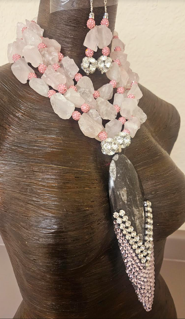 Rough Dusty Rose Quartz & Rhinestone Ball Multi Strand Necklace & Earring Set - Orthoceras Fossil Bling Pendant  - Mother of the Bride OOAK Wearable Art Jewelry - Kat Kouture Jewelry Designs