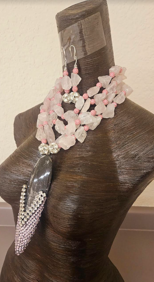 Rough Dusty Rose Quartz & Rhinestone Ball Multi Strand Necklace & Earring Set - Orthoceras Fossil Bling Pendant  - Mother of the Bride OOAK Wearable Art Jewelry - Kat Kouture Jewelry Designs