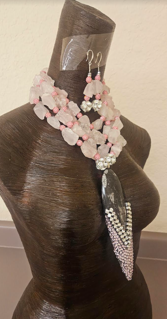 Rough Dusty Rose Quartz & Rhinestone Ball Multi Strand Necklace & Earring Set - Orthoceras Fossil Bling Pendant  - Mother of the Bride OOAK Wearable Art Jewelry - Kat Kouture Jewelry Designs