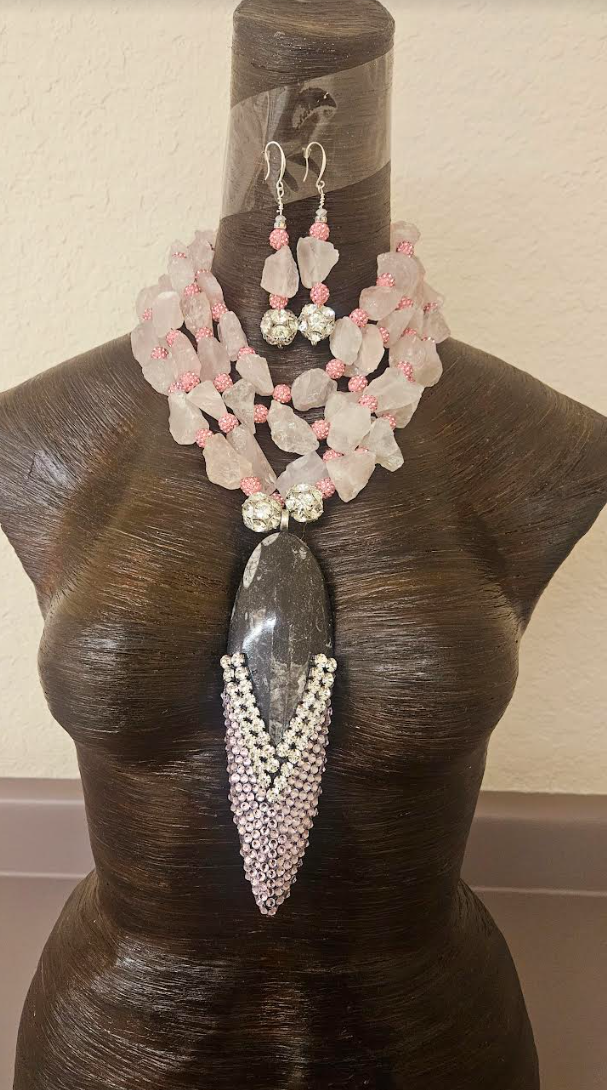 Rough Dusty Rose Quartz & Rhinestone Ball Multi Strand Necklace & Earring Set - Orthoceras Fossil Bling Pendant  - Mother of the Bride OOAK Wearable Art Jewelry - Kat Kouture Jewelry Designs