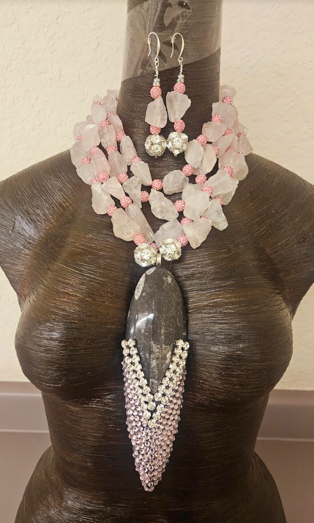 Rough Dusty Rose Quartz & Rhinestone Ball Multi Strand Necklace & Earring Set - Orthoceras Fossil Bling Pendant  - Mother of the Bride OOAK Wearable Art Jewelry - Kat Kouture Jewelry Designs