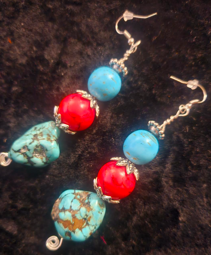 Red & Blue Magnesite Beaded Dangle Pierced Earrings - Faux Turquoise Drop Ear Candy - Kat Kouture Jewelry