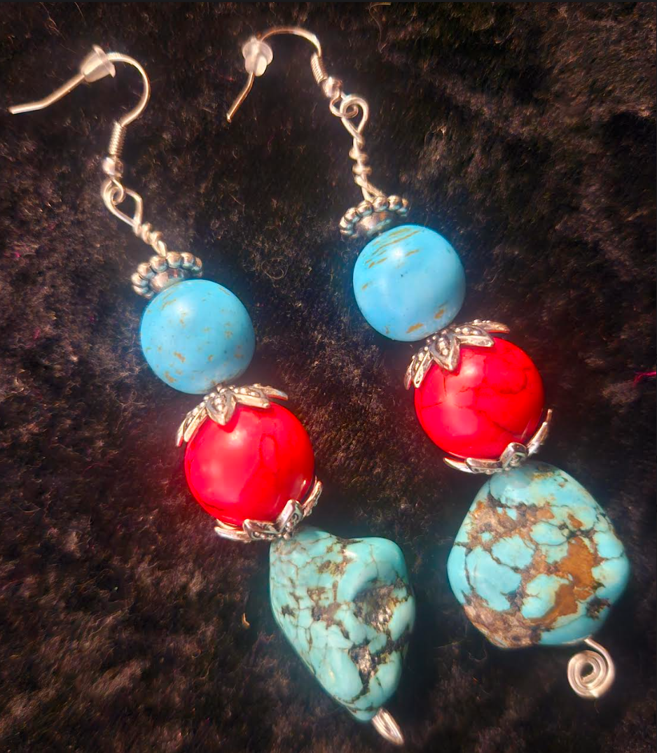 Red & Blue Magnesite Beaded Dangle Pierced Earrings - Faux Turquoise Drop Ear Candy - Kat Kouture Jewelry