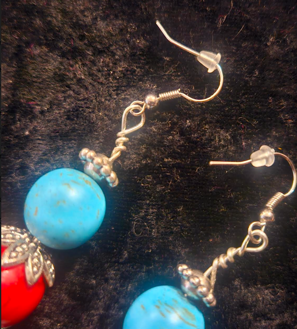 Red & Blue Magnesite Beaded Dangle Pierced Earrings - Faux Turquoise Drop Ear Candy - Kat Kouture Jewelry