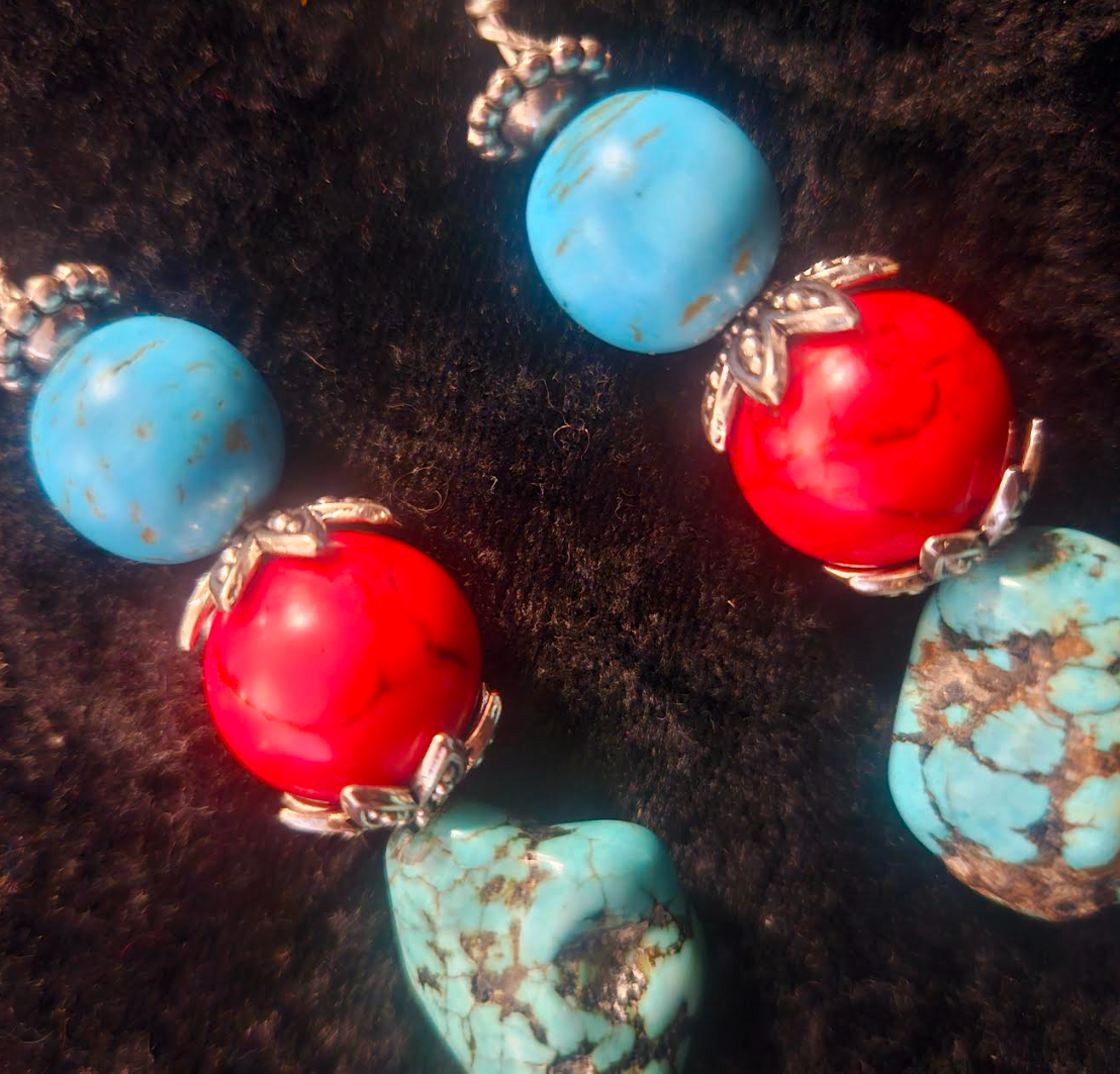 Red & Blue Magnesite Beaded Dangle Pierced Earrings - Faux Turquoise Drop Ear Candy - Kat Kouture Jewelry