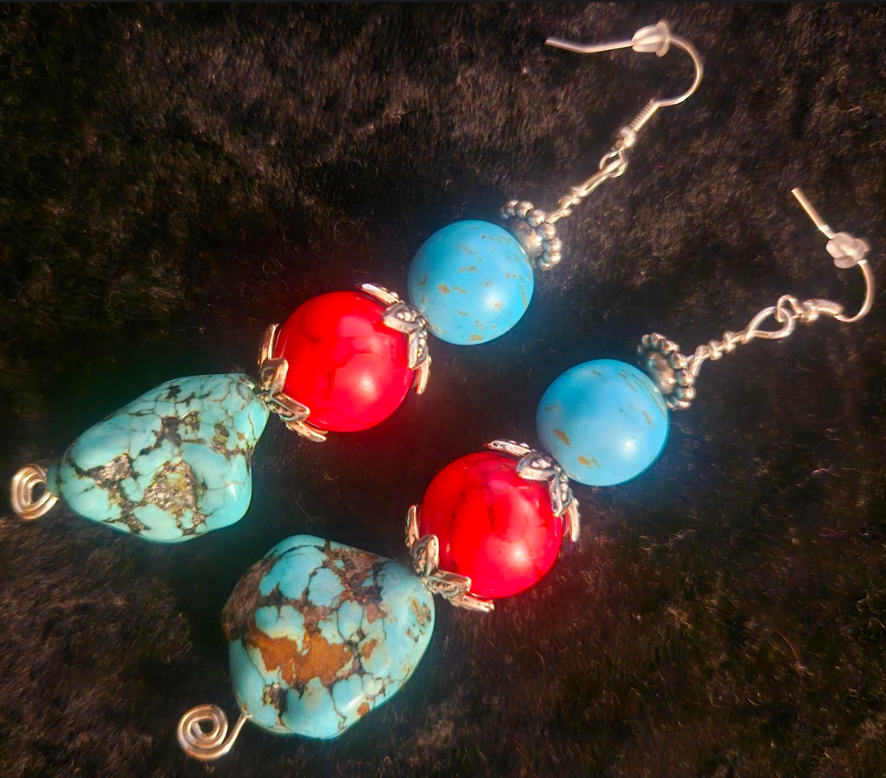 Red & Blue Magnesite Beaded Dangle Pierced Earrings - Faux Turquoise Drop Ear Candy - Kat Kouture Jewelry