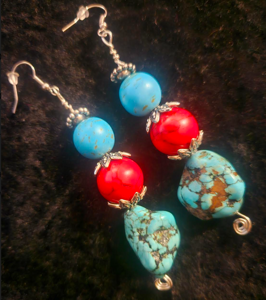 Red & Blue Magnesite Beaded Dangle Pierced Earrings - Faux Turquoise Drop Ear Candy - Kat Kouture Jewelry