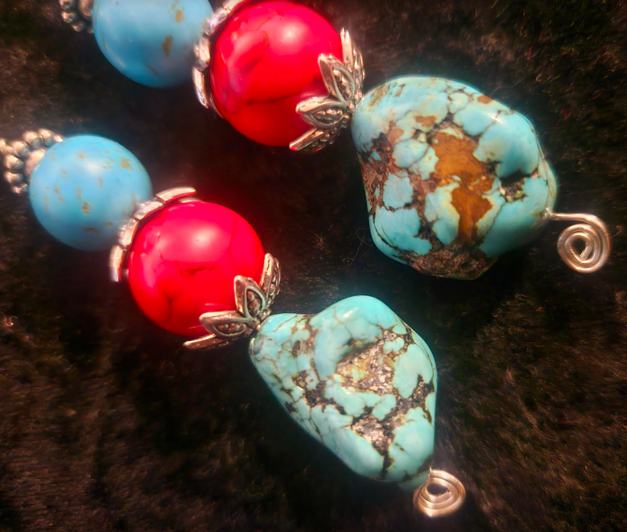 Red & Blue Magnesite Beaded Dangle Pierced Earrings - Faux Turquoise Drop Ear Candy - Kat Kouture Jewelry