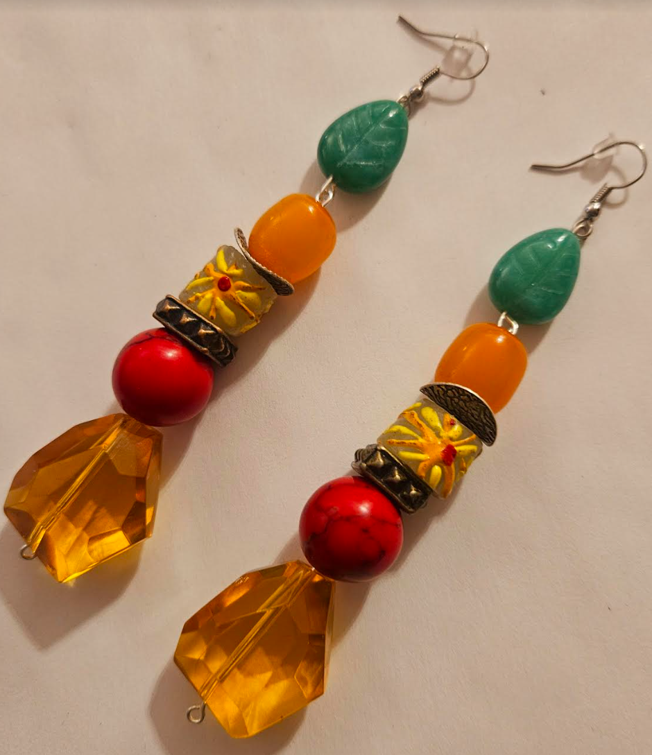 Colorful Beaded Dangle Pierced Earrings for Summer - Citrine Faceted Glass Shoulder Dusters - Red Green Yellow Orange Ear Candy - Kat Kouture Jewelry