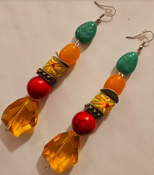 Colorful Beaded Dangle Pierced Earrings for Summer - Citrine Faceted Glass Shoulder Dusters - Red Green Yellow Orange Ear Candy - Kat Kouture Jewelry