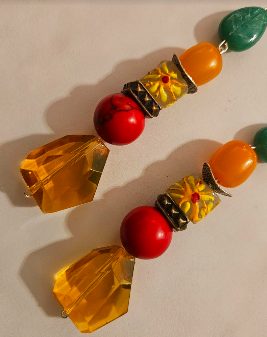 Colorful Beaded Dangle Pierced Earrings for Summer - Citrine Faceted Glass Shoulder Dusters - Red Green Yellow Orange Ear Candy - Kat Kouture Jewelry