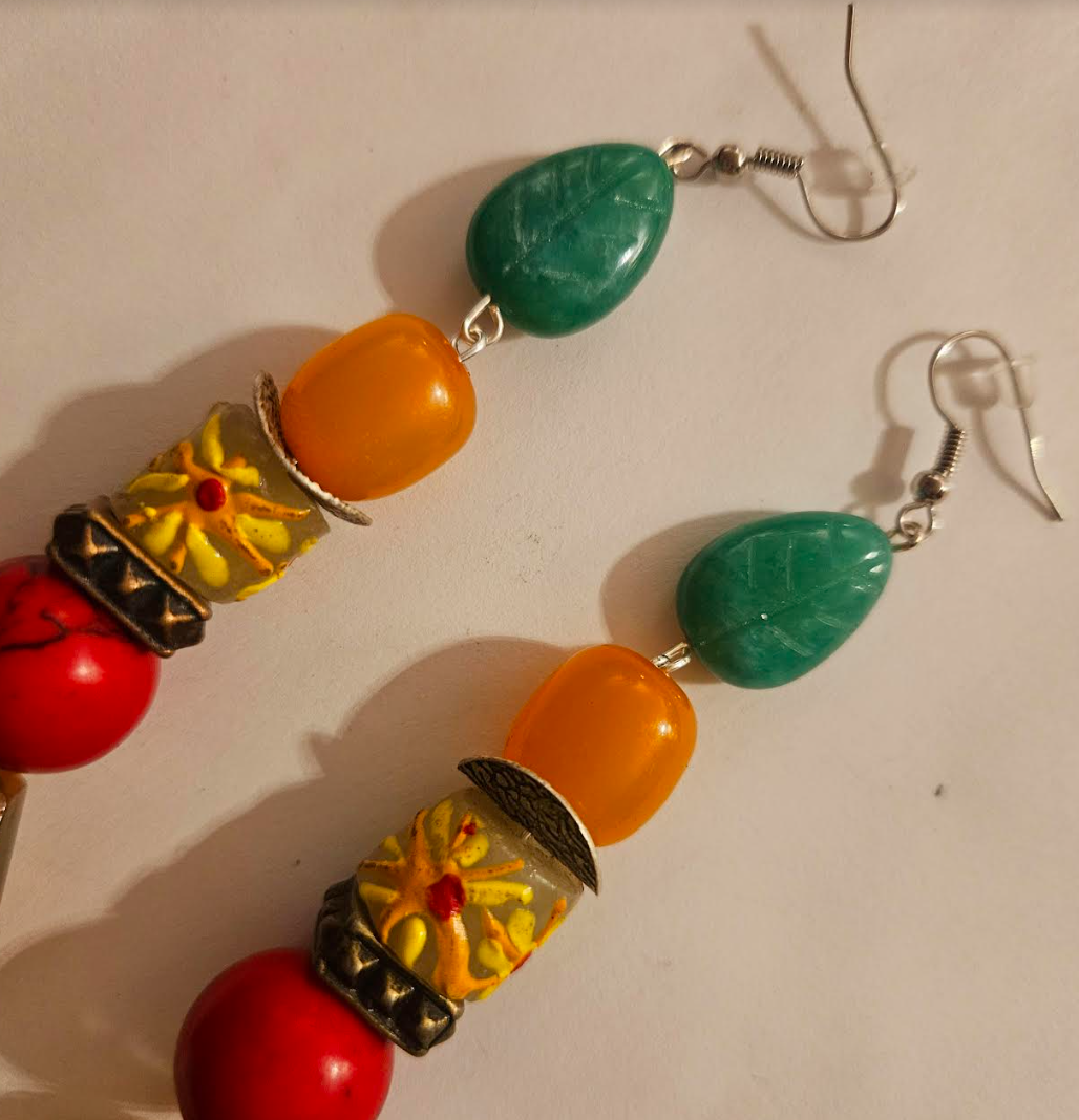 Colorful Beaded Dangle Pierced Earrings for Summer - Citrine Faceted Glass Shoulder Dusters - Red Green Yellow Orange Ear Candy - Kat Kouture Jewelry