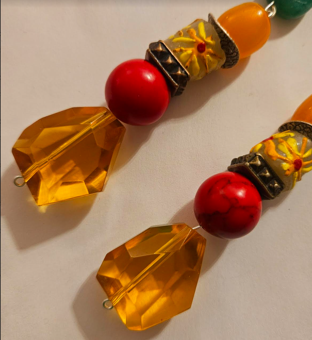 Colorful Beaded Dangle Pierced Earrings for Summer - Citrine Faceted Glass Shoulder Dusters - Red Green Yellow Orange Ear Candy - Kat Kouture Jewelry