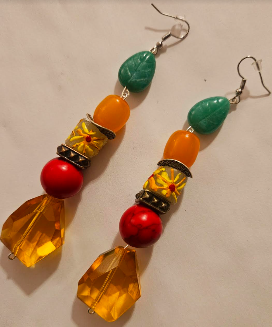 Colorful Beaded Dangle Pierced Earrings for Summer - Citrine Faceted Glass Shoulder Dusters - Red Green Yellow Orange Ear Candy - Kat Kouture Jewelry