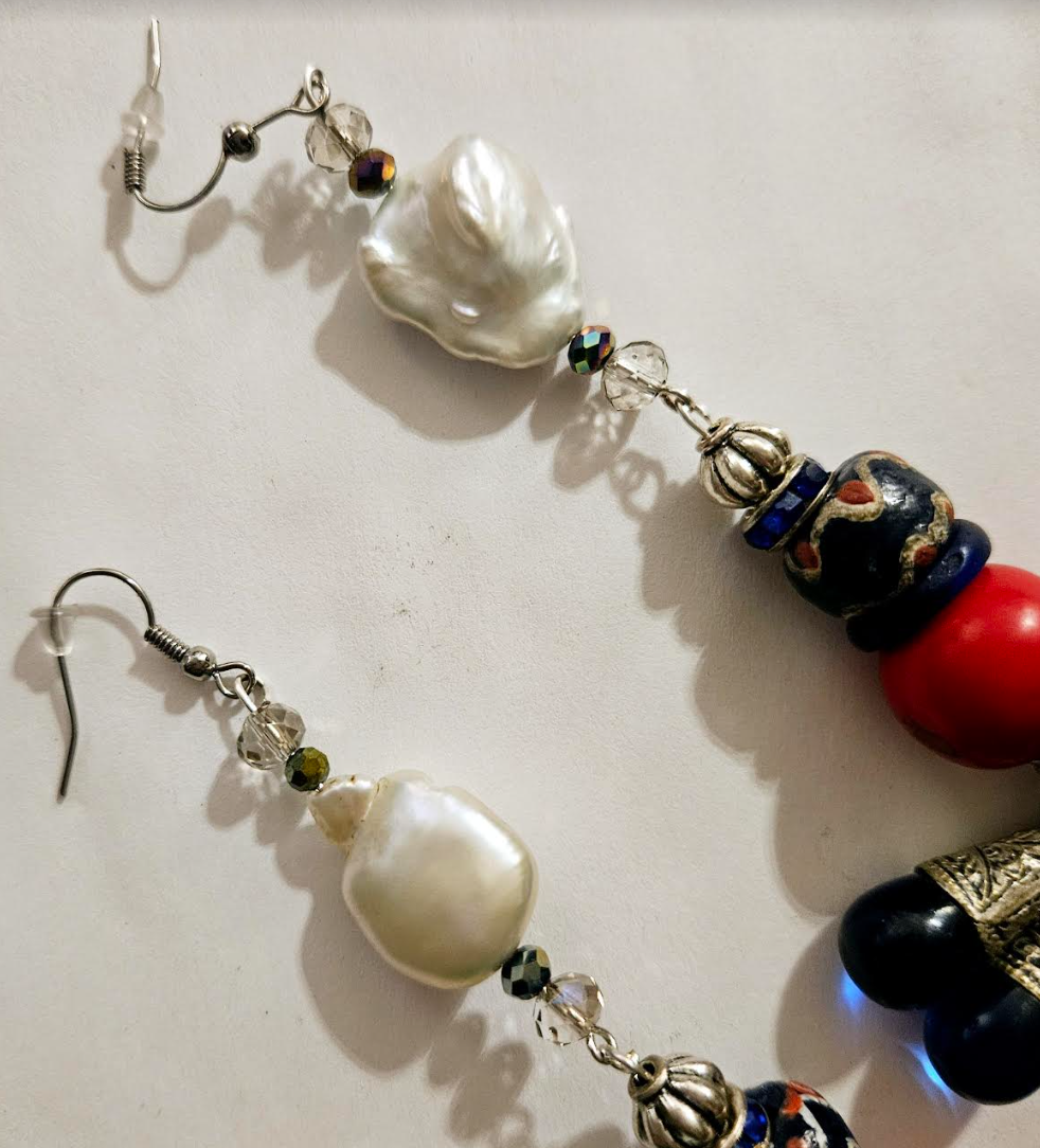 Tibetan Blue Glass Teardrop Shoulder Duster Earrings - Red White & Blue Long Tribal Pierced Earrings - Haute Couture Dangle Ear Candy - Kat Kouture Jewelry