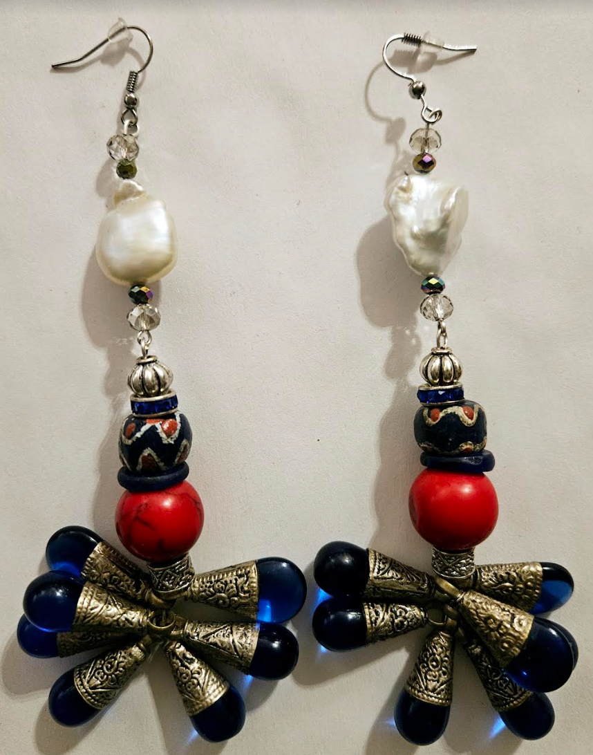 Tibetan Blue Glass Teardrop Shoulder Duster Earrings - Red White & Blue Long Tribal Pierced Earrings - Haute Couture Dangle Ear Candy - Kat Kouture Jewelry