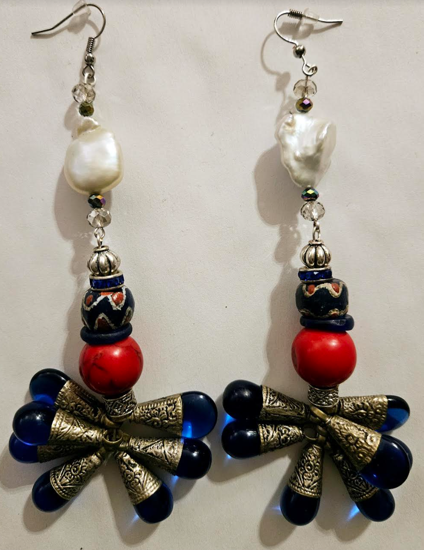 Tibetan Blue Glass Teardrop Shoulder Duster Earrings - Red White & Blue Long Tribal Pierced Earrings - Haute Couture Dangle Ear Candy - Kat Kouture Jewelry