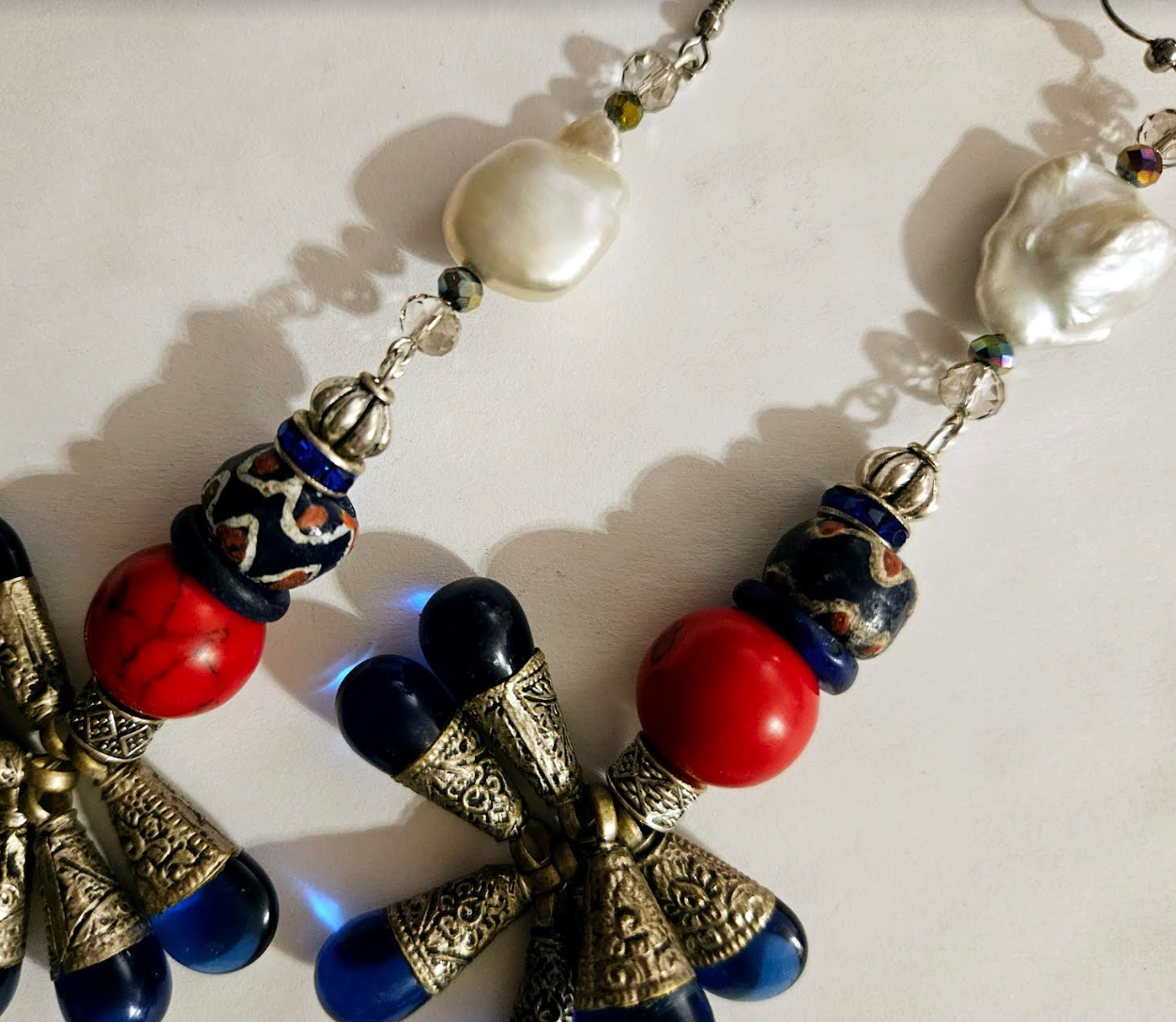 Tibetan Blue Glass Teardrop Shoulder Duster Earrings - Red White & Blue Long Tribal Pierced Earrings - Haute Couture Dangle Ear Candy - Kat Kouture Jewelry