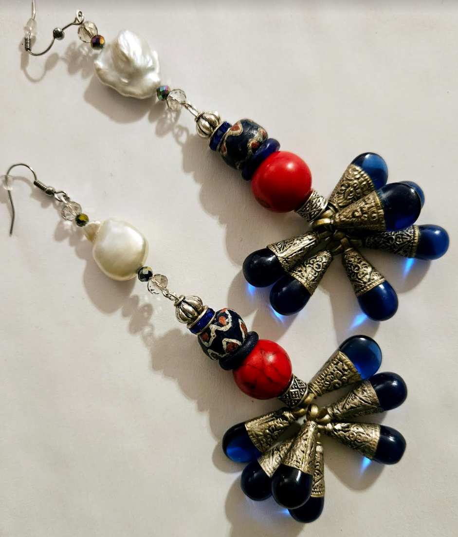 Tibetan Blue Glass Teardrop Shoulder Duster Earrings - Red White & Blue Long Tribal Pierced Earrings - Haute Couture Dangle Ear Candy - Kat Kouture Jewelry