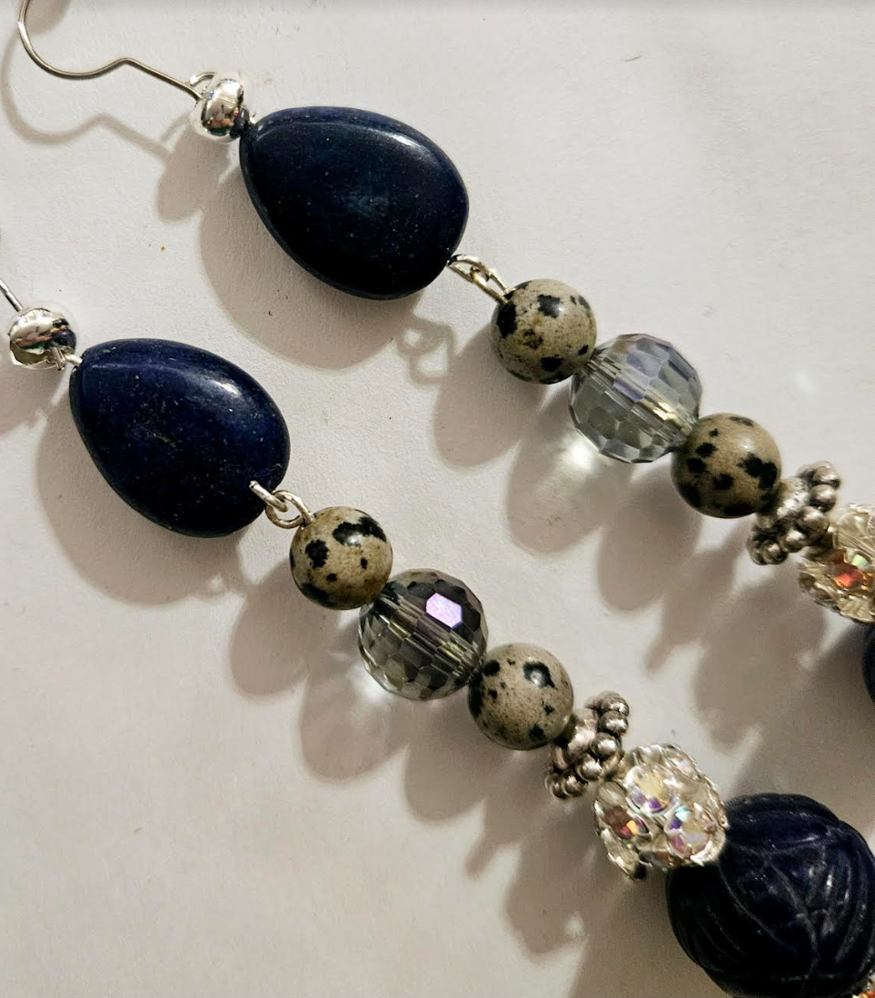 Dalmatian Jasper & Blue Sapphire Long Pierced Earrings - Gemstone Rhinestone and Crystal Shoulder Dusters - Silver Gray and Blue Long Ear Candy - Kat Kouture Jewelry