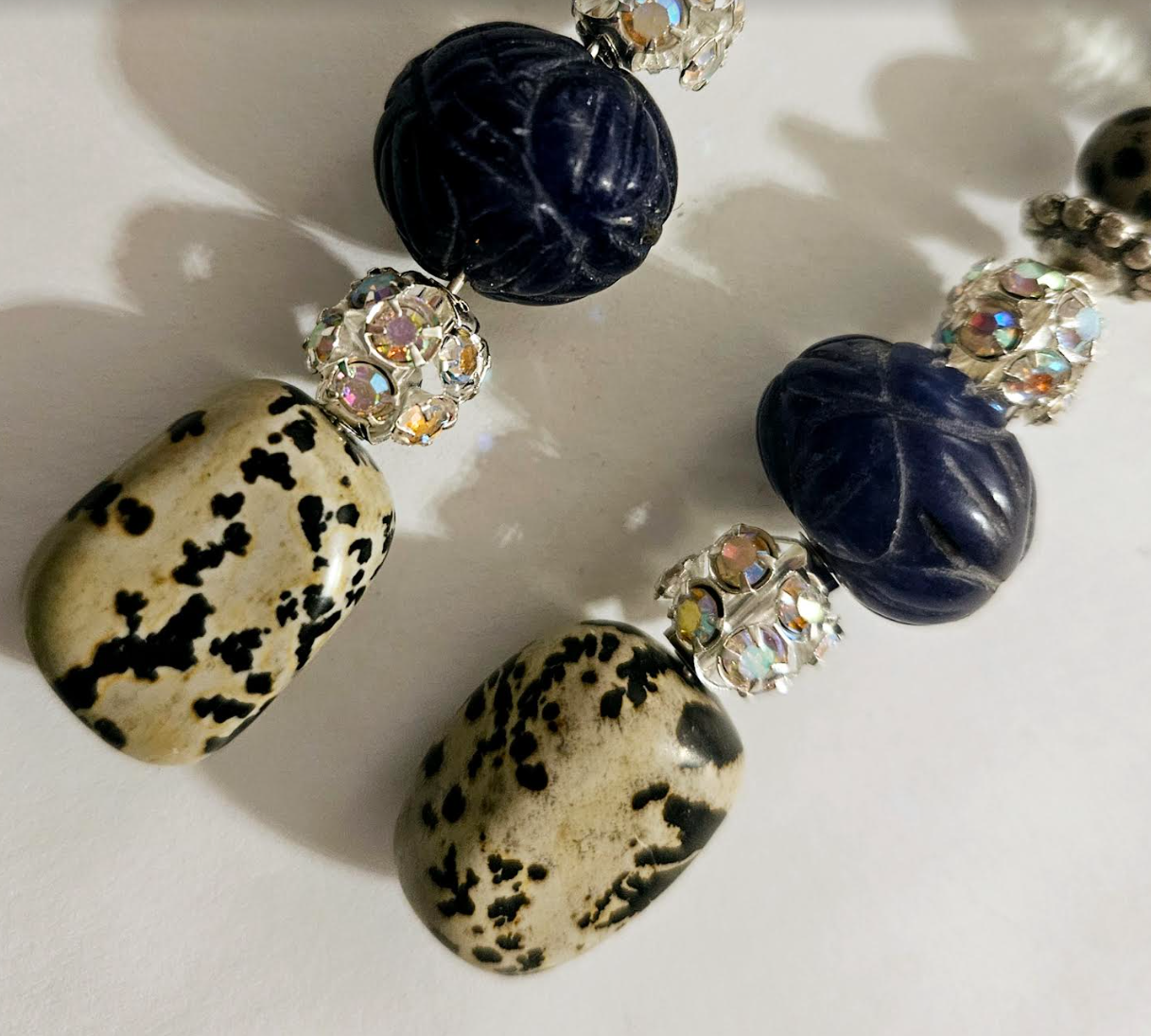 Dalmatian Jasper & Blue Sapphire Long Pierced Earrings - Gemstone Rhinestone and Crystal Shoulder Dusters - Silver Gray and Blue Long Ear Candy - Kat Kouture Jewelry