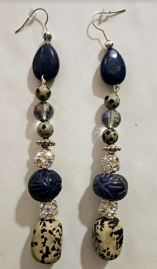 Dalmatian Jasper & Blue Sapphire Long Pierced Earrings - Gemstone Rhinestone and Crystal Shoulder Dusters - Silver Gray and Blue Long Ear Candy - Kat Kouture Jewelry