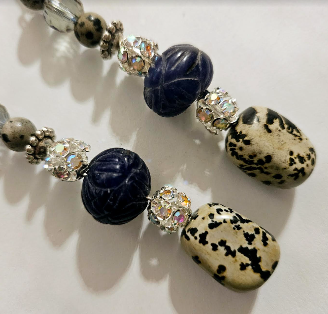 Dalmatian Jasper & Blue Sapphire Long Pierced Earrings - Gemstone Rhinestone and Crystal Shoulder Dusters - Silver Gray and Blue Long Ear Candy - Kat Kouture Jewelry