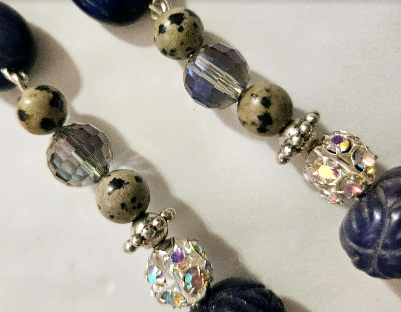 Dalmatian Jasper & Blue Sapphire Long Pierced Earrings - Gemstone Rhinestone and Crystal Shoulder Dusters - Silver Gray and Blue Long Ear Candy - Kat Kouture Jewelry