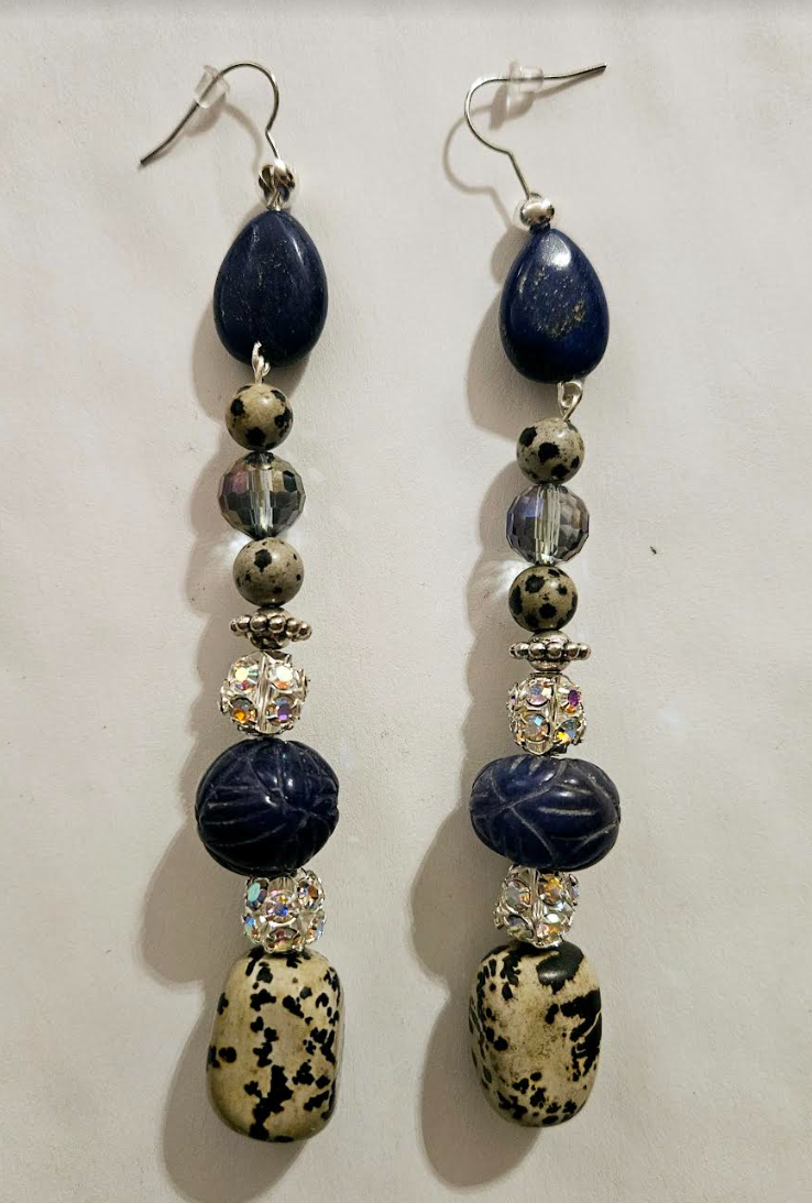 Dalmatian Jasper & Blue Sapphire Long Pierced Earrings - Gemstone Rhinestone and Crystal Shoulder Dusters - Silver Gray and Blue Long Ear Candy - Kat Kouture Jewelry