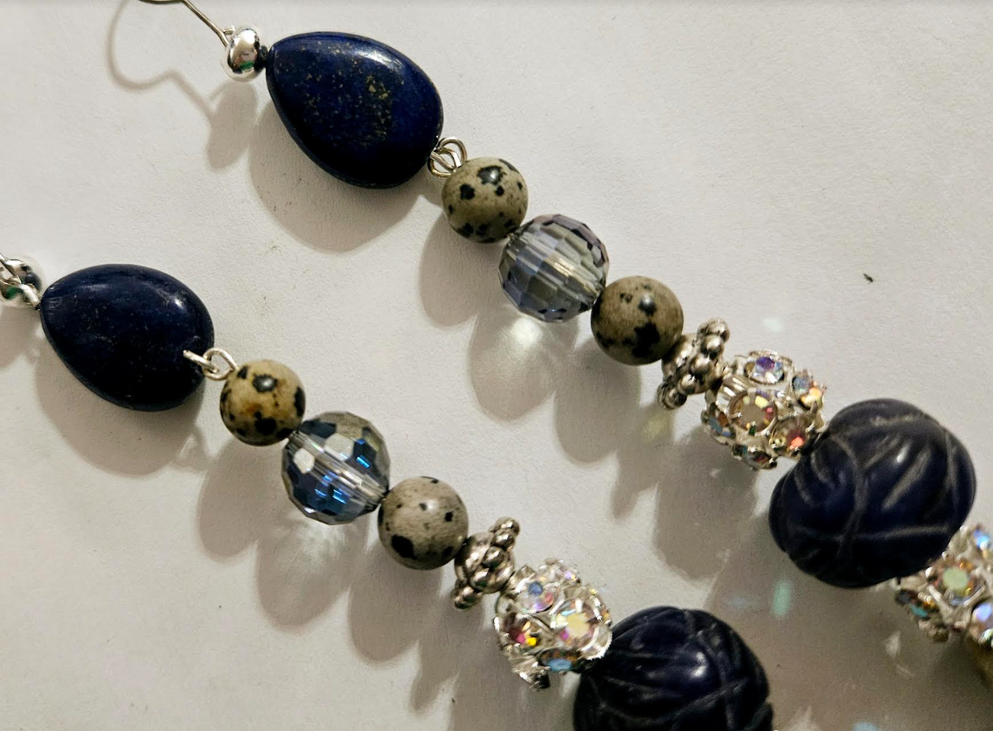 Dalmatian Jasper & Blue Sapphire Long Pierced Earrings - Gemstone Rhinestone and Crystal Shoulder Dusters - Silver Gray and Blue Long Ear Candy - Kat Kouture Jewelry