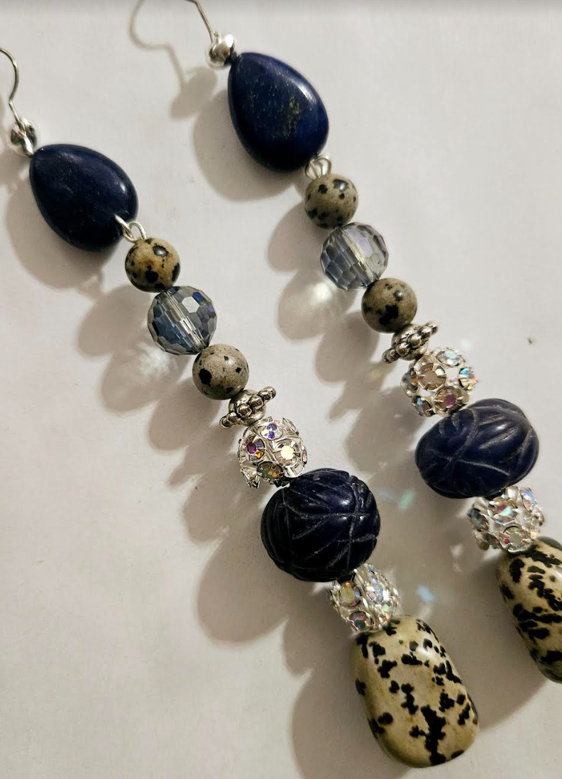 Dalmatian Jasper & Blue Sapphire Long Pierced Earrings - Gemstone Rhinestone and Crystal Shoulder Dusters - Silver Gray and Blue Long Ear Candy - Kat Kouture Jewelry