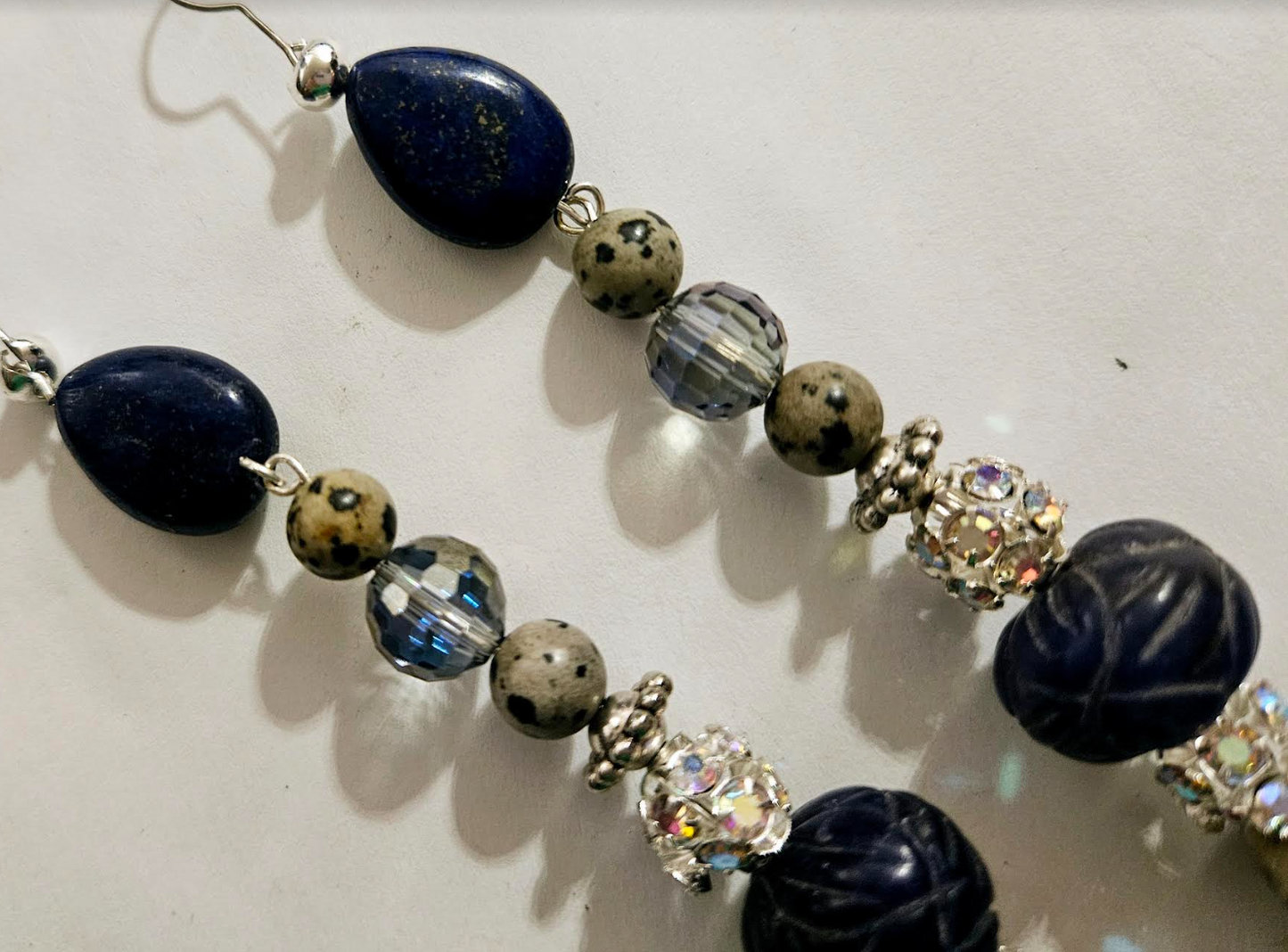 Dalmatian Jasper & Blue Sapphire Long Pierced Earrings - Gemstone Rhinestone and Crystal Shoulder Dusters - Silver Gray and Blue Long Ear Candy - Kat Kouture Jewelry