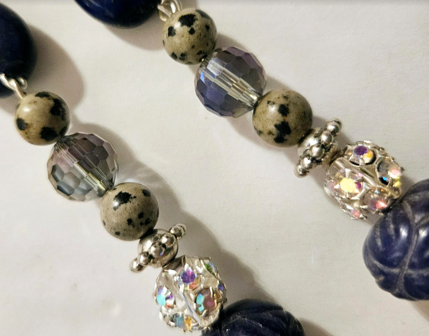 Dalmatian Jasper & Blue Sapphire Long Pierced Earrings - Gemstone Rhinestone and Crystal Shoulder Dusters - Silver Gray and Blue Long Ear Candy - Kat Kouture Jewelry