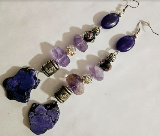 Purple Gemstone Shoulder Duster Pierced Earrings - Boho Couture Long Beaded Ear Candy - Kat Kouture Jewelry