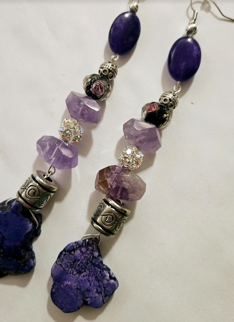 Purple Gemstone Shoulder Duster Pierced Earrings - Boho Couture Long Beaded Ear Candy - Kat Kouture Jewelry