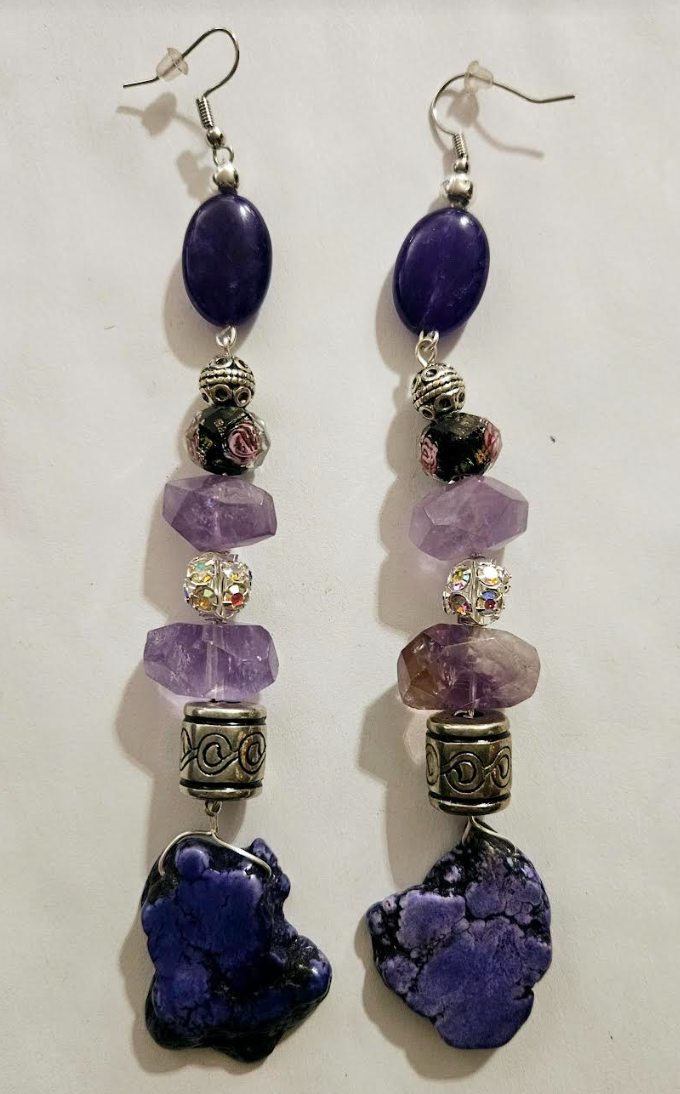 Purple Gemstone Shoulder Duster Pierced Earrings - Boho Couture Long Beaded Ear Candy - Kat Kouture Jewelry