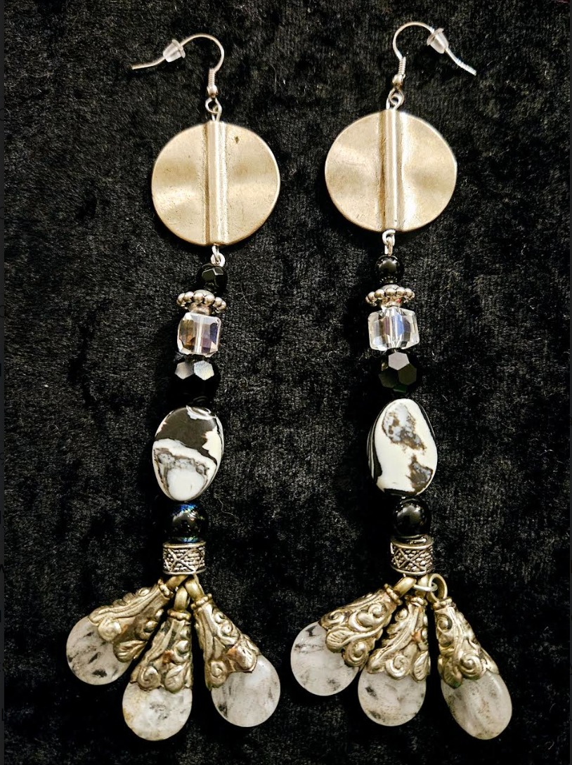 Dramatic Black & White Beaded Shoulder Dusters - Long Tibetan Teardrop Tribal Pierced Earrings - Kat Kouture Jewelry