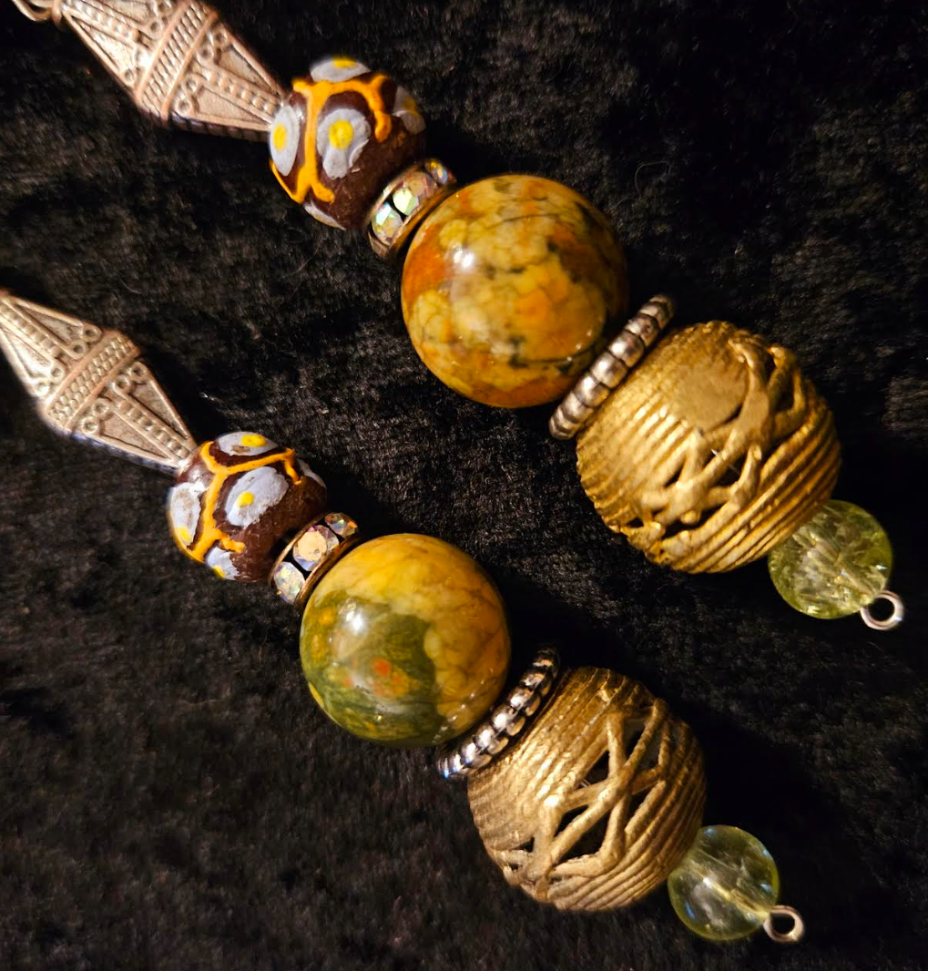 Exotic Rainforest Jasper Extra Long Pierced Earrings - Jungle Fever Beaded Shoulder Dusters - Autumn Wardrobe Ear Candy - Kat Kouture Jewelry