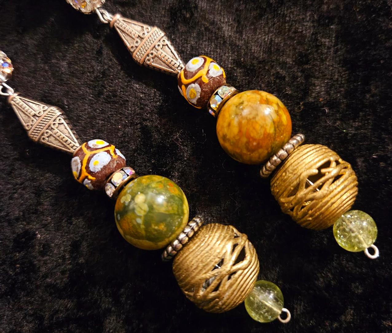 Exotic Rainforest Jasper Extra Long Pierced Earrings - Jungle Fever Beaded Shoulder Dusters - Autumn Wardrobe Ear Candy - Kat Kouture Jewelry