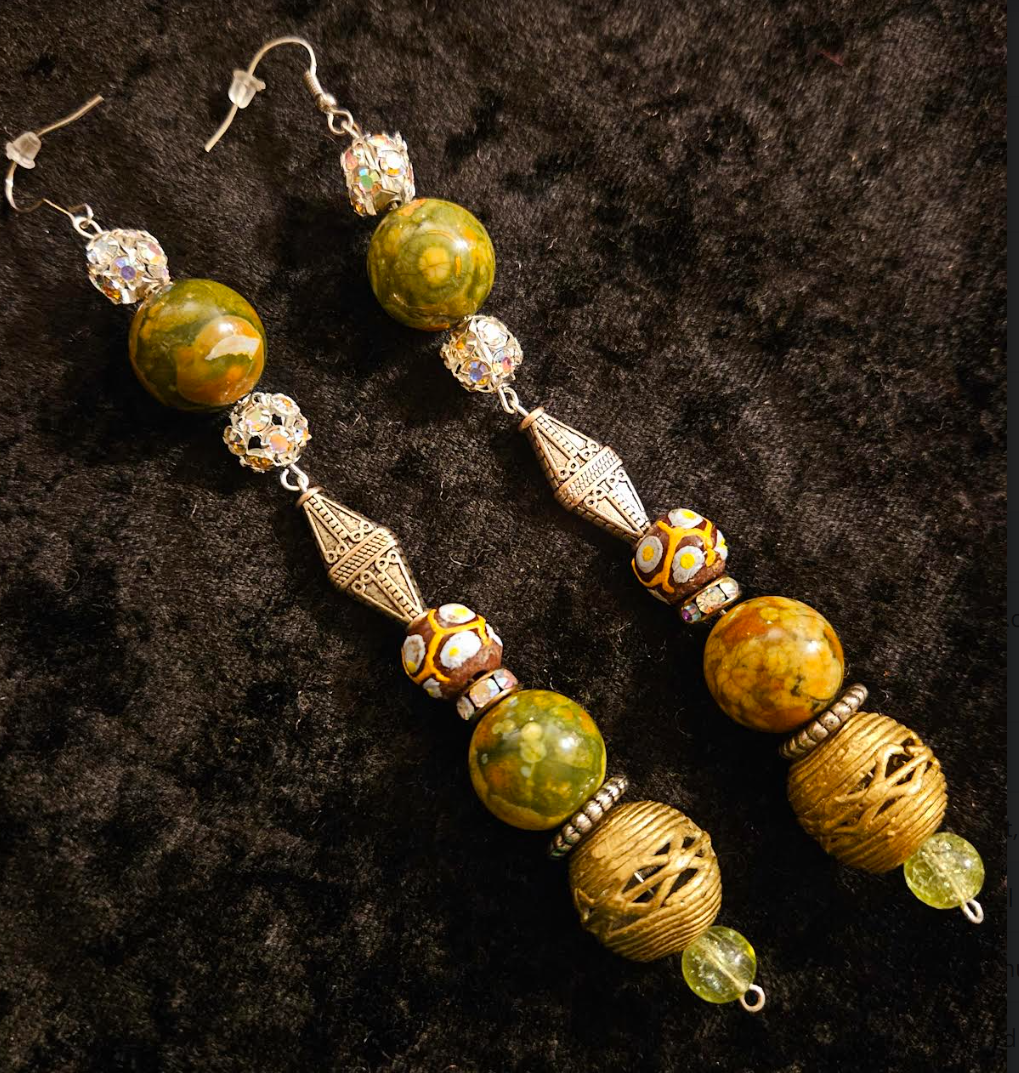 Exotic Rainforest Jasper Extra Long Pierced Earrings - Jungle Fever Beaded Shoulder Dusters - Autumn Wardrobe Ear Candy - Kat Kouture Jewelry