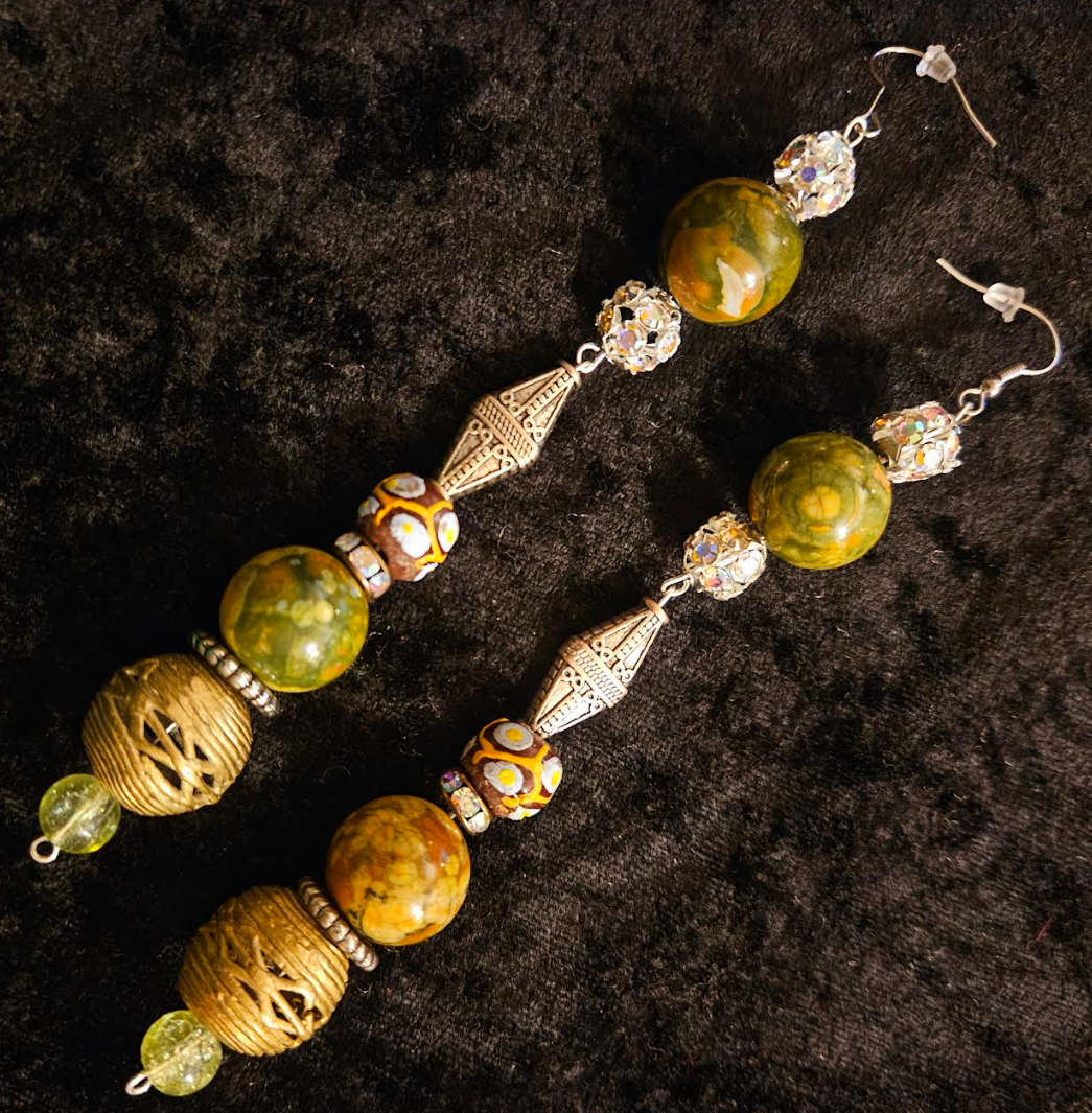 Exotic Rainforest Jasper Extra Long Pierced Earrings - Jungle Fever Beaded Shoulder Dusters - Autumn Wardrobe Ear Candy - Kat Kouture Jewelry