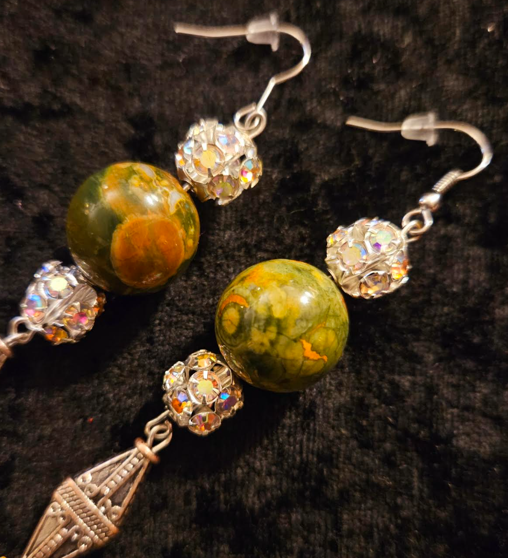 Exotic Rainforest Jasper Extra Long Pierced Earrings - Jungle Fever Beaded Shoulder Dusters - Autumn Wardrobe Ear Candy - Kat Kouture Jewelry